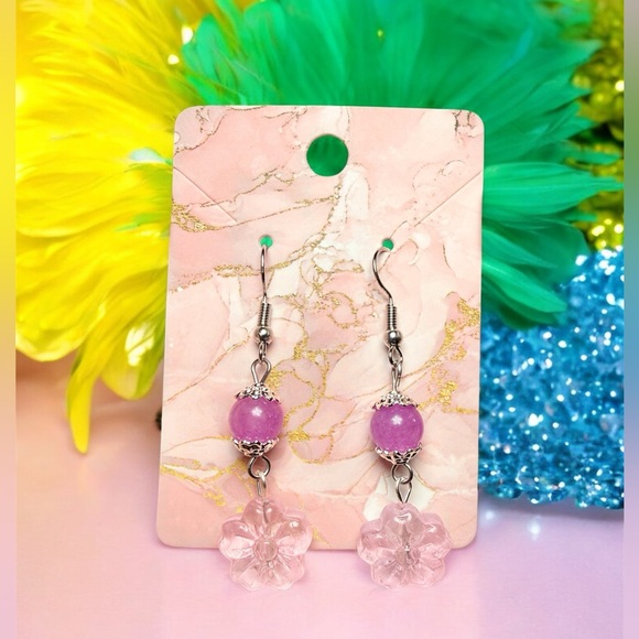 Jewelry - Purple Quartz & Glass Flower Drop Earrings | Handmade